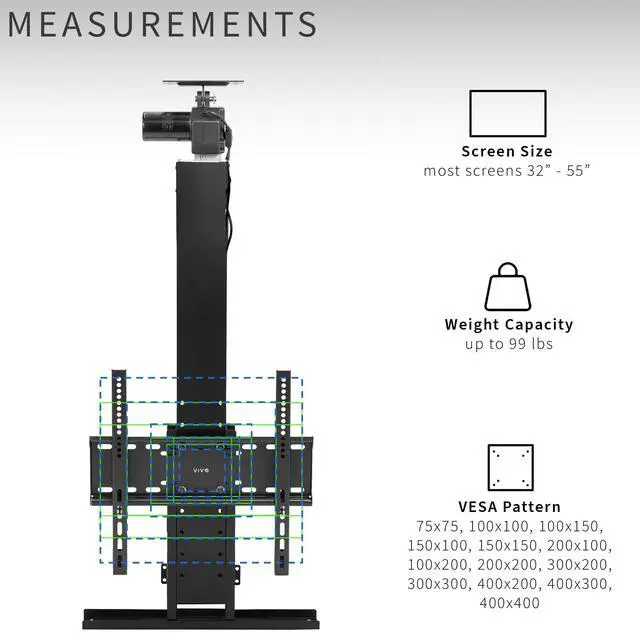 Alt view image 3 of 7 - Black Drop Down Ceiling TV Mount for 32 to 55 in Screens, MOUNT-E-DN55 | Motorized Flip Down TV Mount, Electric Television Bracket with Remote Control, Compact Design for Enclosures, Holds 99 lbs