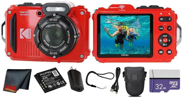 Main image of PIXPRO WPZ2 Digital Camera (Red) | 16MP Sensor, 4X Optical Zoom, Waterproof Shockproof Design & Full HD Video | Great for Outdoor & Travel Photos (WPZ2-RD) + 32GB Card + Case + Cleaning Cloth