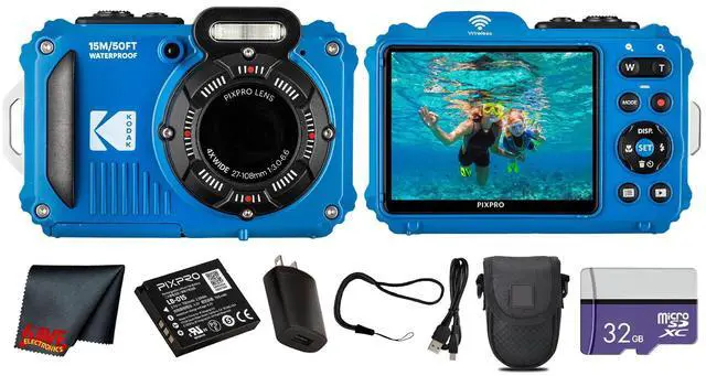 Main image of PIXPRO WPZ2 Digital Camera (Blue) | 16MP Sensor, 4X Optical Zoom, Waterproof Shockproof Design & Full HD Video | Great for Outdoor & Travel Photos (WPZ2BL) + 32GB Card + Case + Cleaning Cloth