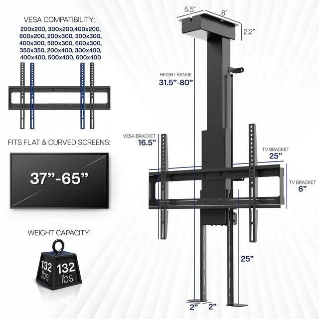 Alt view image 3 of 7 - Motorized Drop Down Ceiling TV Mount for 37 to 65 inch Screens, Vertical Electric Television Bracket with Remote Control, Compact Design for Enclosures, Holds 132 lbs, Black, MOUNT-E-DN65