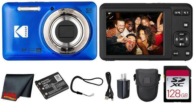 Main image of PIXPRO FZ55 Digital Camera (Blue) | 16MP Sensor, 5X Optical Zoom, 28mm Wide-Angle Lens & Full HD Video | Great for Travel & Beginner Photography (FZ55BL) + 128GB Card + Case + Cleaning Cloth