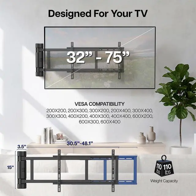 Alt view image 4 of 7 - Steel Low Profile Electric TV Wall Mount for 32 to 75 inch LCD LED Plasma Screens, Motorized Swing TV Bracket with 90 Degree Swivel, MOUNT-E-WM075
