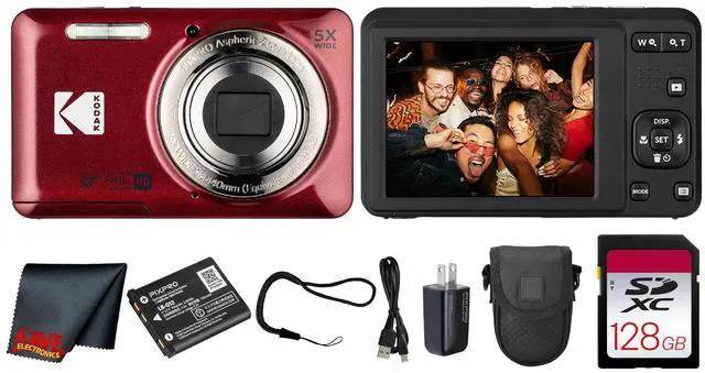 Main image of PIXPRO FZ55 Digital Camera (Red) | 16MP Sensor, 5X Optical Zoom, 28mm Wide-Angle Lens & Full HD Video | Great for Travel & Beginner Photography (FZ55RD) + 128GB Card + Case + Cleaning Cloth
