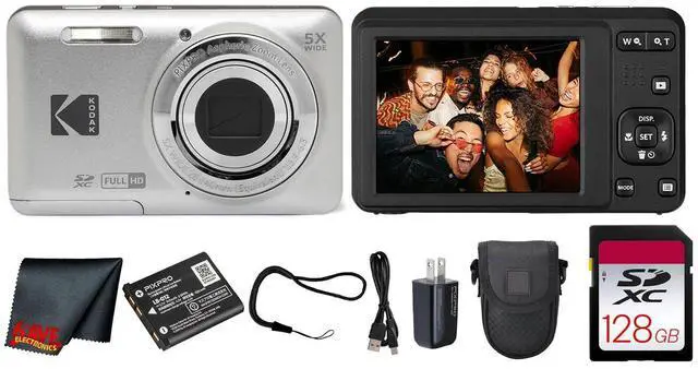 Main image of PIXPRO FZ55 Digital Camera (Silver) | 16MP Sensor, 5X Optical Zoom, 28mm Wide-Angle Lens & Full HD Video | Great for Travel & Beginner Photography (FZ55SR) + 128GB Card + Case + Cleaning Cloth