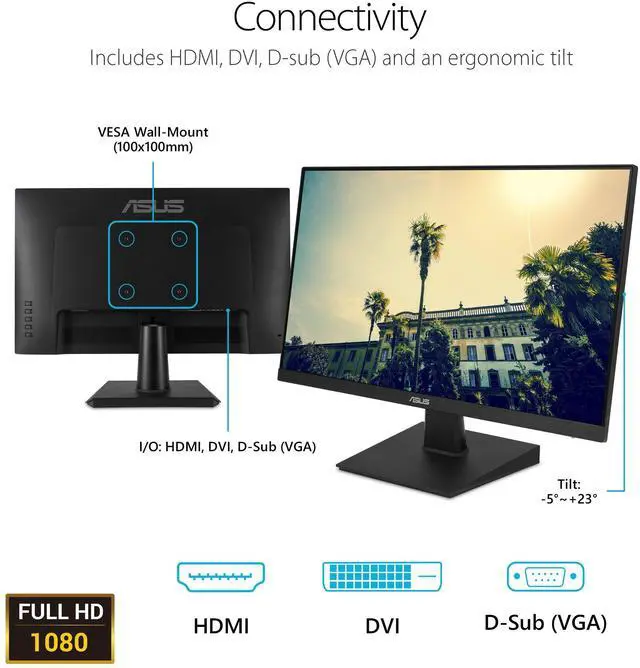 Alt view image 7 of 7 - 24 Inch Desktop Monitor - 75Hz, Full HD (1920x1080), IPS, Frameless, Adaptive-Sync, Eye Care, HDMI, D-Sub DVI-D - VA24EHE