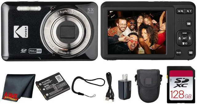 Main image of PIXPRO FZ55 Digital Camera (Black) | 16MP Sensor, 5X Optical Zoom, 28mm Wide-Angle Lens & Full HD Video | Great for Travel & Beginner Photography (FZ55BK) + 128GB Card + Case + Cleaning Cloth