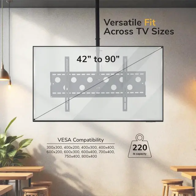 Alt view image 3 of 7 - Ceiling TV Mount for 4298 Inch TVs Full Motion Swivel, Tilt & Height Adjustable Bracket, 220 lb Heavy-Duty Capacity, VESA 800x450, Sloped Ceilings & Corners Home & Commercial Use