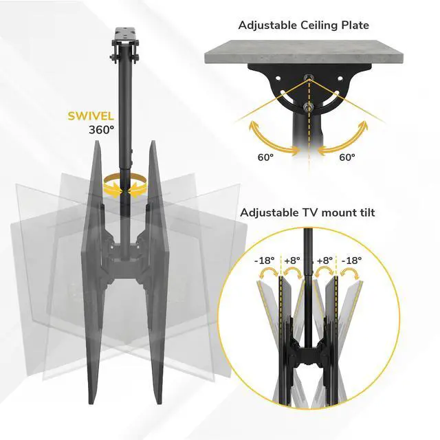 Alt view image 5 of 7 - Dual TV Ceiling Mount Bracket for 3277" Flat Screen TVs Back-to-Back Hanging Bracket for 2 TVs, Telescoping Pole, 360° Swivel & Tilt, Vaulted, Sloped & Angled Ceiling Compatible