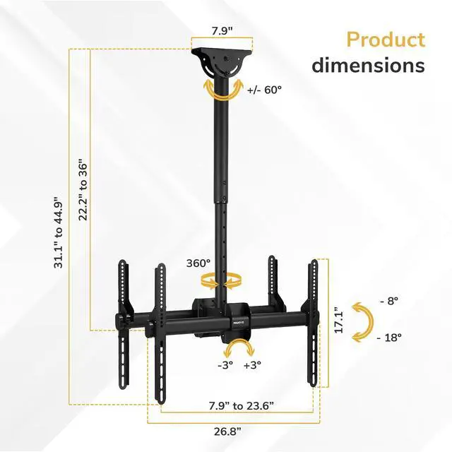 Alt view image 7 of 7 - Dual TV Ceiling Mount Bracket for 3277" Flat Screen TVs Back-to-Back Hanging Bracket for 2 TVs, Telescoping Pole, 360° Swivel & Tilt, Vaulted, Sloped & Angled Ceiling Compatible