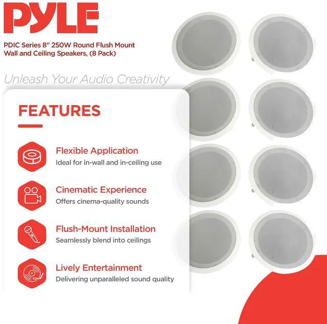 Alt view image 2 of 7 - PDIC Series 8 Inch 250 Watts 4.8 Ohms Round Flush Mount Wall and Ceiling Home Speakers with Directable 0.5 Inch Polymer Dome Tweeter, Pack of 8