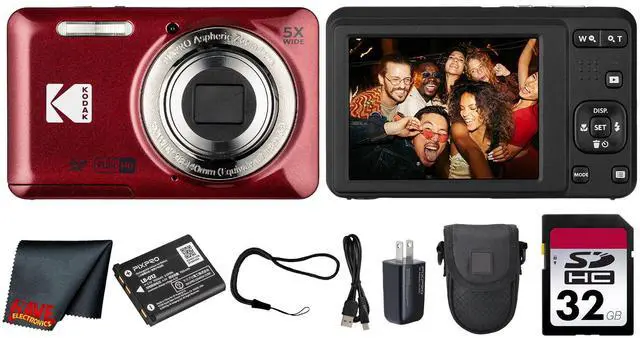 Main image of PIXPRO FZ55 Digital Camera (Red) | 16MP Sensor, 5X Optical Zoom, 28mm Wide-Angle Lens & Full HD Video | Great for Travel & Beginner Photography (FZ55RD) + 32GB Card + Case + Cleaning Cloth