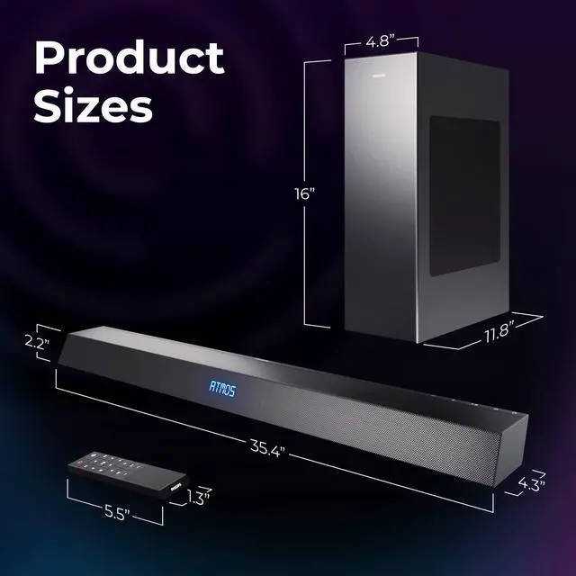 Alt view image 2 of 6 - Soundbar with Wireless Subwoofer, Dolby Atmos Sound bar for tv 2.1-Channel Bluetooth Surround Sound System for tv Home Theater Audio Speakers, DTS Play-Fi, Amazon Echo, Airplay 2,Compatible