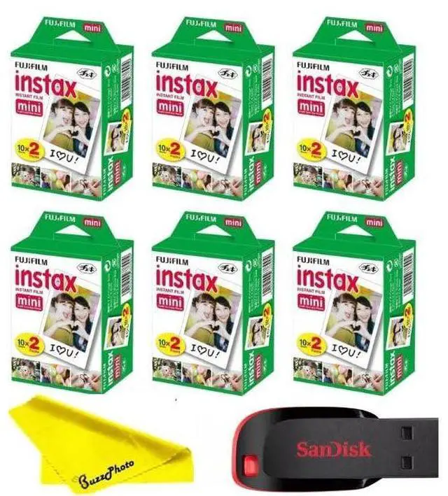 Main image of Instax Mini Instant Camera Film with Sandisk 32 GB USB Flash Drive + 6 x Mini Twin Packs (120 Sheets) and Buzz-Photo Microfiber Cleaning Cloth