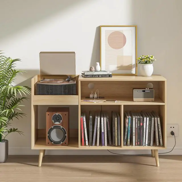 Main image of Record Player Stand with Charging Station & USB Ports, Mid-Century Turntable Stand Table Holds Up to 300 Albums, Vinyl Record Storage Cabinet with Wood Legs for Living Room Office (Wood)