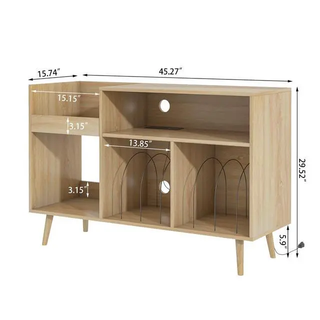 Alt view image 2 of 6 - Record Player Stand with Charging Station & USB Ports, Mid-Century Turntable Stand Table Holds Up to 300 Albums, Vinyl Record Storage Cabinet with Wood Legs for Living Room Office (Wood)