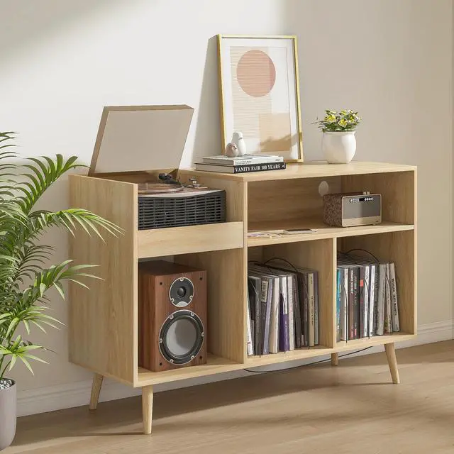 Alt view image 3 of 6 - Record Player Stand with Charging Station & USB Ports, Mid-Century Turntable Stand Table Holds Up to 300 Albums, Vinyl Record Storage Cabinet with Wood Legs for Living Room Office (Wood)