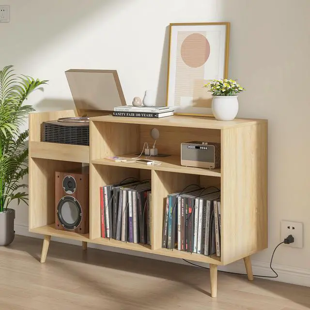 Alt view image 4 of 6 - Record Player Stand with Charging Station & USB Ports, Mid-Century Turntable Stand Table Holds Up to 300 Albums, Vinyl Record Storage Cabinet with Wood Legs for Living Room Office (Wood)