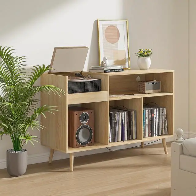 Alt view image 5 of 6 - Record Player Stand with Charging Station & USB Ports, Mid-Century Turntable Stand Table Holds Up to 300 Albums, Vinyl Record Storage Cabinet with Wood Legs for Living Room Office (Wood)