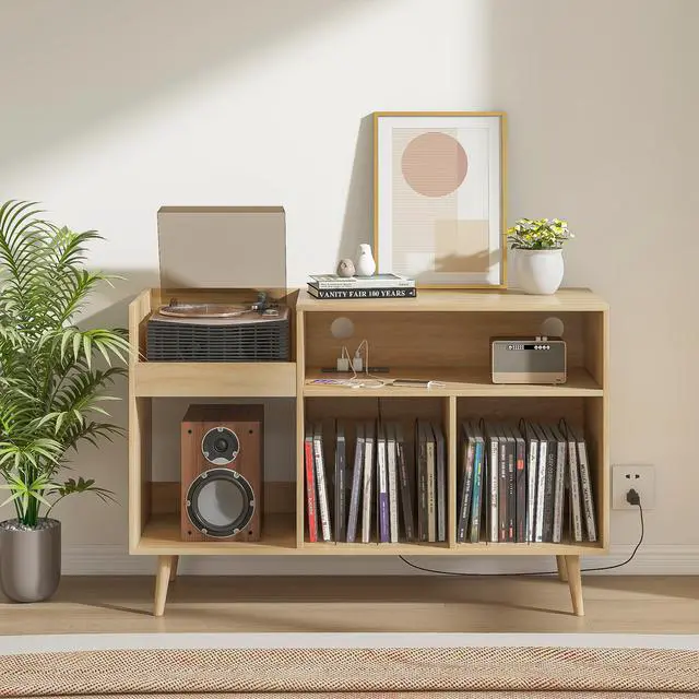 Alt view image 6 of 6 - Record Player Stand with Charging Station & USB Ports, Mid-Century Turntable Stand Table Holds Up to 300 Albums, Vinyl Record Storage Cabinet with Wood Legs for Living Room Office (Wood)