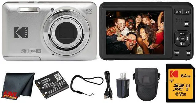 Main image of PIXPRO FZ55 Digital Camera (Silver) | 16MP Sensor, 5X Optical Zoom, 28mm Wide-Angle Lens & Full HD Video | Great for Travel & Beginner Photography (FZ55SR) + 64GB Card + Case + Cleaning Cloth