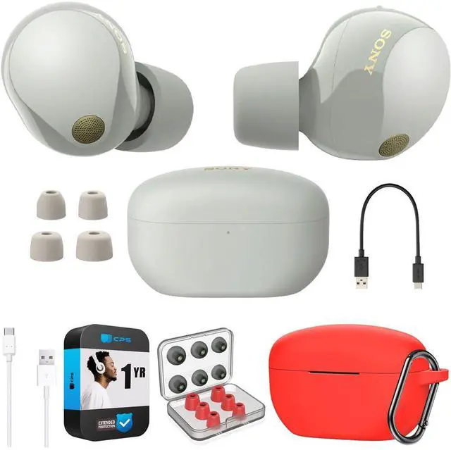 Main image of WF-1000XM5 Industry Leading Noise Canceling Truly Wireless Earbuds (Silver) Bundle with Silicone Case (Red), Memory Foam Ear Tips, USB-A to USB-C Cable & 1 YR CPS Enhanced Protection Pack