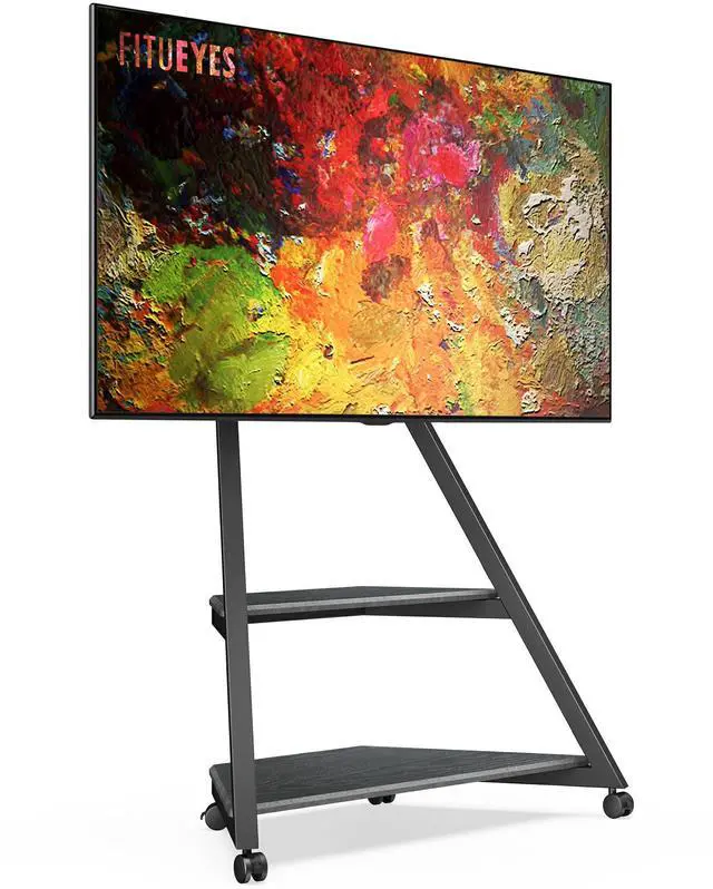Main image of Corner TV Stand with Wheels for 43 55 65 70 75 Inch TV, Black TV Cart Floor Stand, Modern TV Stand with Wooden Storage Shelves, Eiffel Series