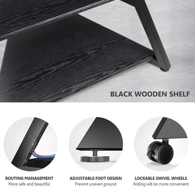 Alt view image 3 of 7 - Corner TV Stand with Wheels for 43 55 65 70 75 Inch TV, Black TV Cart Floor Stand, Modern TV Stand with Wooden Storage Shelves, Eiffel Series