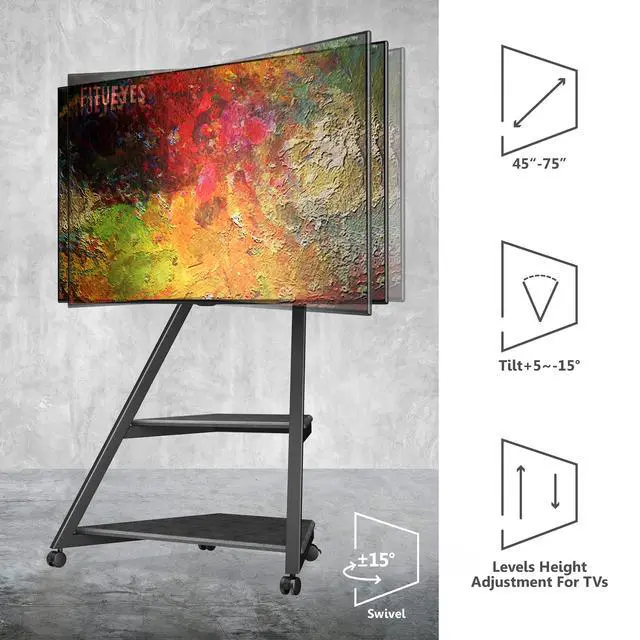 Alt view image 2 of 7 - Corner TV Stand with Wheels for 43 55 65 70 75 Inch TV, Black TV Cart Floor Stand, Modern TV Stand with Wooden Storage Shelves, Eiffel Series