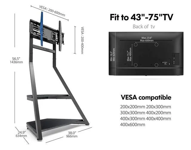 Alt view image 5 of 7 - Corner TV Stand with Wheels for 43 55 65 70 75 Inch TV, Black TV Cart Floor Stand, Modern TV Stand with Wooden Storage Shelves, Eiffel Series