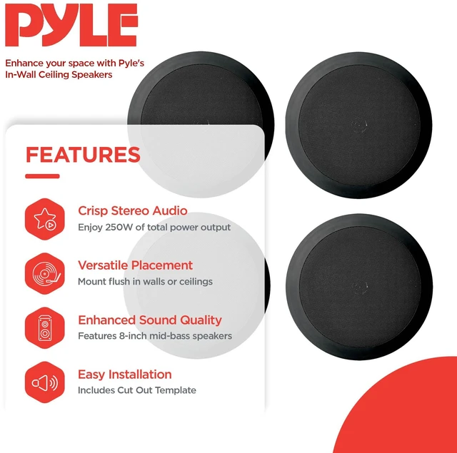 Alt view image 2 of 7 - PDIC81RDBK 8 Inch 250 Watts Flush in-Wall in-Ceiling Black Speakers, with 2 Way Stereo Sounds, Ideal for Custom Installations, Pack of 4
