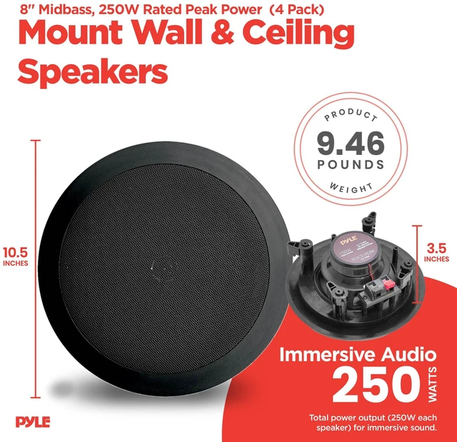 Alt view image 3 of 7 - PDIC81RDBK 8 Inch 250 Watts Flush in-Wall in-Ceiling Black Speakers, with 2 Way Stereo Sounds, Ideal for Custom Installations, Pack of 4