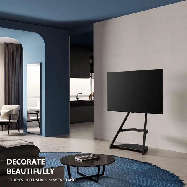 Alt view image 6 of 7 - Corner TV Stand with Wheels for 43 55 65 70 75 Inch TV, Black TV Cart Floor Stand, Modern TV Stand with Wooden Storage Shelves, Eiffel Series