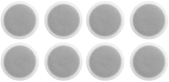 Main image of 8-Pack CCL6T White 70V 6" Commercial/Restaurant Ceiling Speakers | 2.5W, 5W, 10W Transformer Terminal Connections, Flush Mount Grilles, for PA Announcements, Background Music, Office Audio