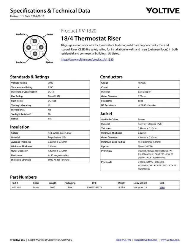 Alt view image 6 of 6 - 18/4 Thermostat Wire, Riser CL3R, Brown, 500ft - 18AWG, 4 Conductors, Solid Bare Copper, UL Listed - V-1320-1