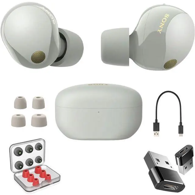 Main image of WF1000XM5/S Industry Leading Noise Canceling Truly Wireless Earbuds Silver Bundle with 6 Pairs of in-Ear Earbud Tips and Converter Adapter Type C Adapter