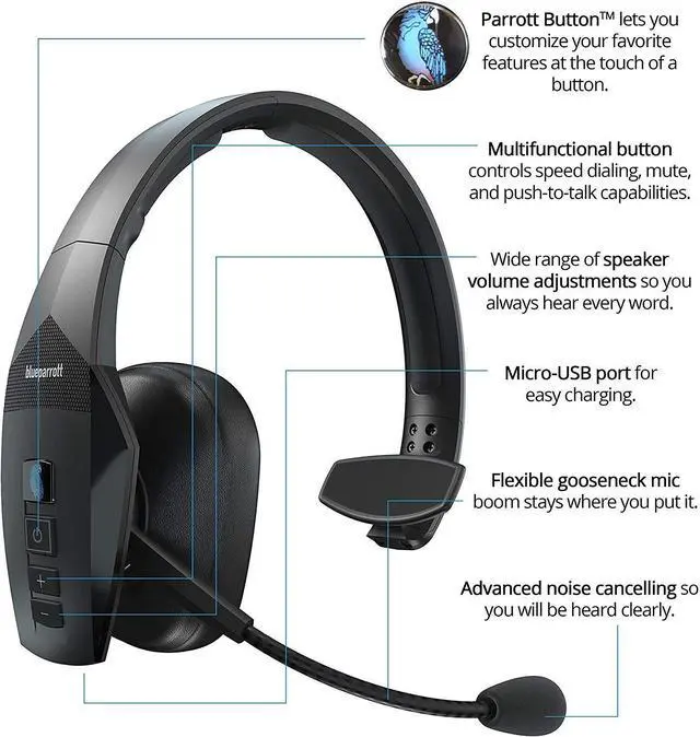 Alt view image 5 of 6 - BlueParrott B550-XT Voice Controlled Bluetooth Headset with Noise Cancelling Microphone and 300-FT Wireless Range for iOS and Android Bundle Headphones Carrying Case