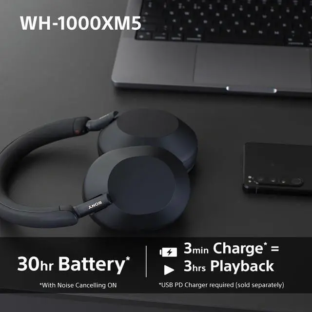 Alt view image 4 of 6 - Noise Canceling Wireless Headphones - 30hr Battery Life - Over-Ear Style - Optimized for Alexa and Google Assistant - Built-in mic for Calls - WH-1000XM5B.CE7 - Limited Edition - Charcoal Black