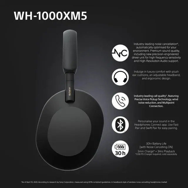 Alt view image 6 of 6 - Noise Canceling Wireless Headphones - 30hr Battery Life - Over-Ear Style - Optimized for Alexa and Google Assistant - Built-in mic for Calls - WH-1000XM5B.CE7 - Limited Edition - Charcoal Black