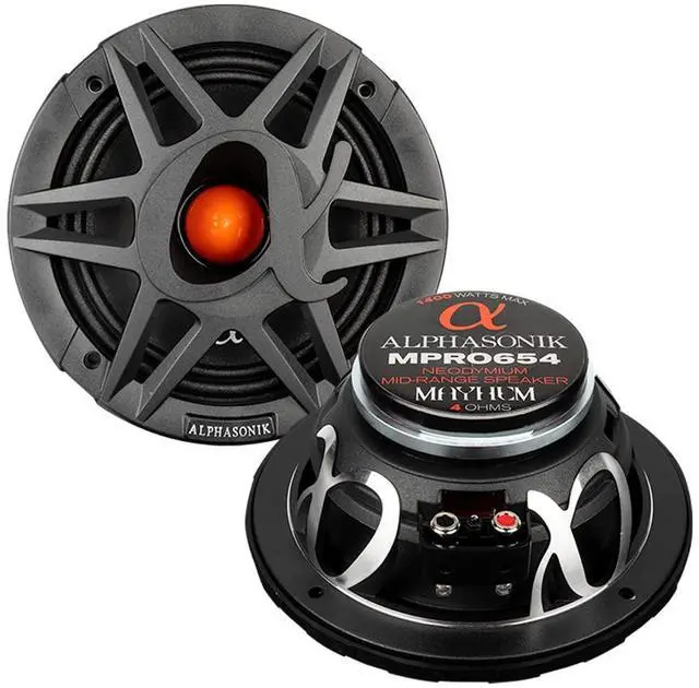 Main image of 1 Pair of MPRO654 Mayhem PRO Series 6.5" 1400 Watts Max 350 Watts RMS Mid-Range Car Audio Speaker 4-Ohm Grille, Cast Basket, Cloth Surround, Non Pressed Paper Cone, Neodymium Magnet