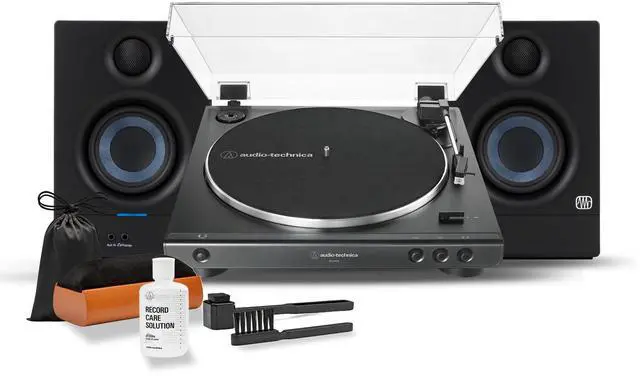 Main image of AT-LP60X-BK Fully Automatic Belt-Drive Stereo Turntable Bundle with Eris 3.5 Monitors and Vinyl Cleaning Kit | Includes Eris 3.5 Monitors and Vinyl Cleaning Kit
