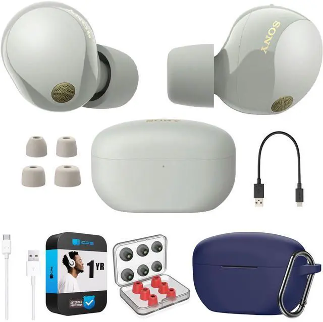 Main image of WF-1000XM5 Industry Leading Noise Canceling Truly Wireless Earbuds (Silver) Bundle with Silicone Case (Blue), Memory Foam Ear Tips, USB-A to USB-C Cable & 1 YR CPS Enhanced Protection Pack
