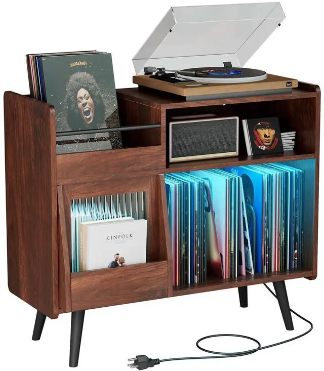 Main image of Large Record Player Stand with Sliding Door,350 Vinyl Record Storage Cabinet, Record Player Table with Power Outlet and LED Light,Turntable Stand with Wood Legs for Living Room,Bedroom,Office
