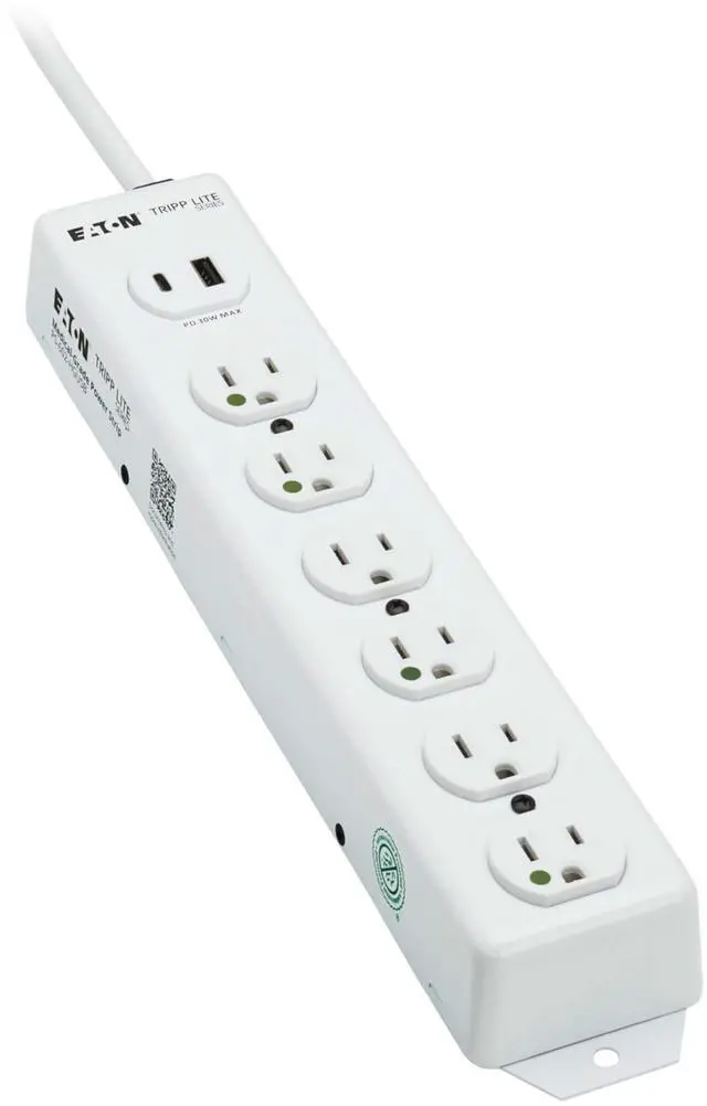 Main image of Eaton Medical Hospital Power Strip with 2 USB Charging Ports, 6 Outlets + 2ft Cord, UL 1363 Certified Power Strip, Wall & Under-Desk Mount, Manufacturer's (PS-602-HGUSB)