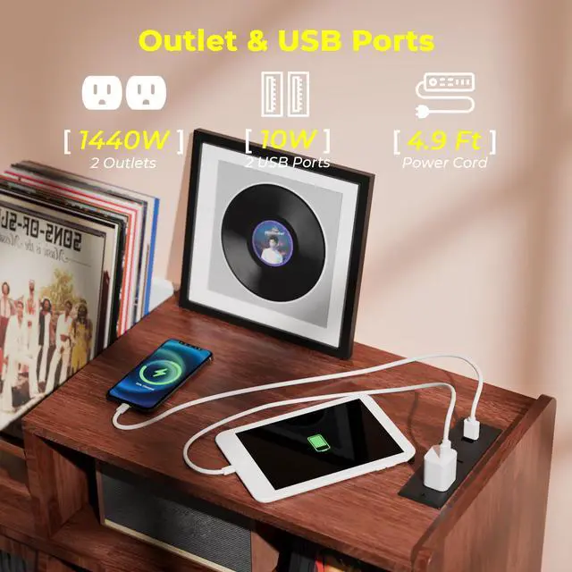 Alt view image 6 of 6 - Large Record Player Stand with Sliding Door,350 Vinyl Record Storage Cabinet, Record Player Table with Power Outlet and LED Light,Turntable Stand with Wood Legs for Living Room,Bedroom,Office
