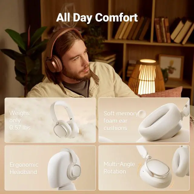 Alt view image 7 of 7 - Active Noise Cancelling Headphones, Over Ear Bluetooth Headset, 92H Playtime Wired & Wireless Hi-Res Audio Certified, Fast Charging Clear Calls for Home Office Travel (Brown)