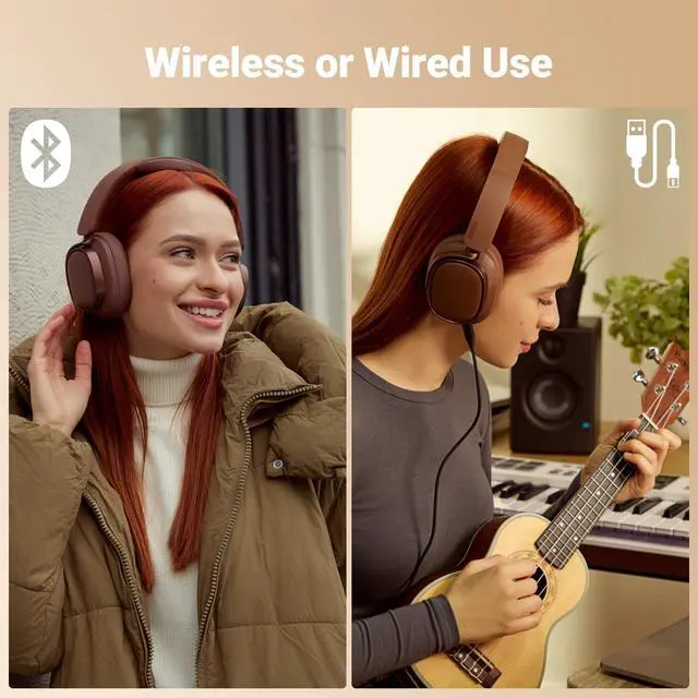Alt view image 6 of 7 - Active Noise Cancelling Headphones, Over Ear Bluetooth Headset, 92H Playtime Wired & Wireless Hi-Res Audio Certified, Fast Charging Clear Calls for Home Office Travel (Brown)