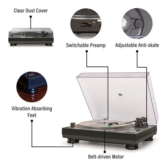 Alt view image 3 of 7 - C100BT-BK Record Player, Black | 2-Speed Turntable, ATN95E Audio-Technica Cartridge, Standard 1/2", Removable Headshell, Aluminum Platter With Strobe