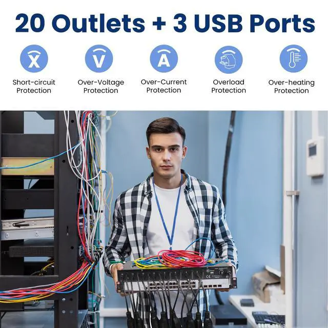 Alt view image 4 of 7 - Power Supply Strip Unit Surge Protector, 19" Rack Mount 20 Outlet | Including 16 Rear Panel 120V 3-Prong Plug sockets, 4 Front Panel AC Outlets, 3X 5V USB Charging Ports by