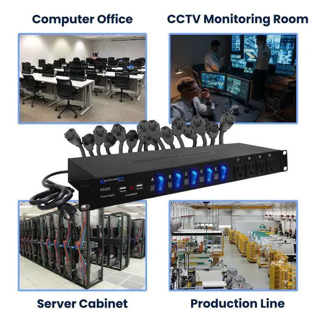 Alt view image 5 of 7 - Power Supply Strip Unit Surge Protector, 19" Rack Mount 20 Outlet | Including 16 Rear Panel 120V 3-Prong Plug sockets, 4 Front Panel AC Outlets, 3X 5V USB Charging Ports by