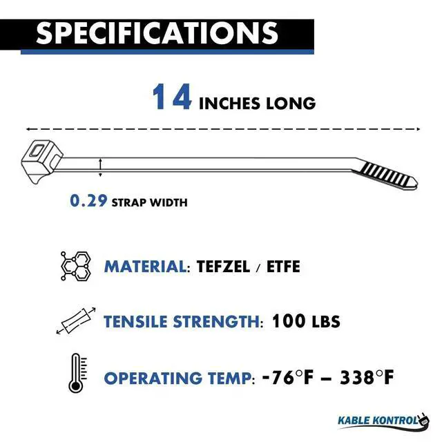 Alt view image 2 of 7 - Tefzel Cable Ties ETFE, 14 Inch 100 Pcs, 50 Lbs Test, Blue | High Temp Zip Ties UV, Chemical Resistant, Non-Corrosive, Ideal for Hot, Cold, and Industrial Applications